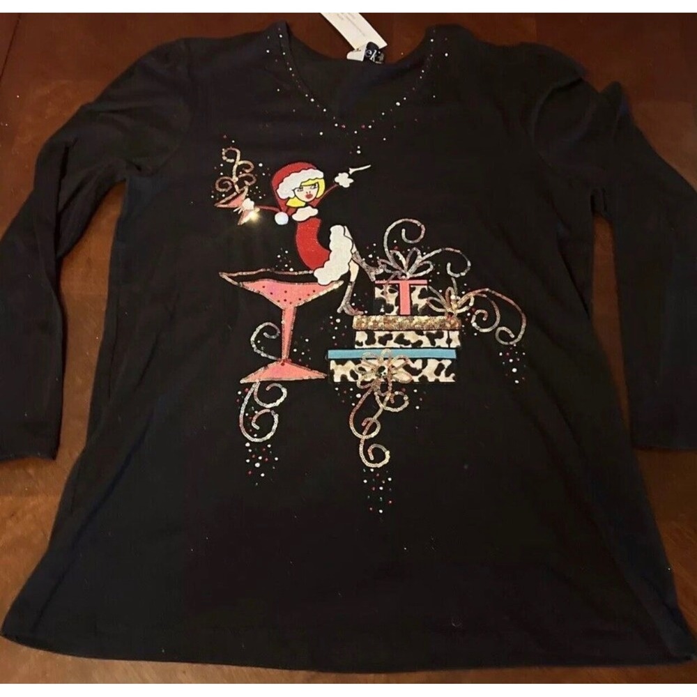 Berek Christmas Martini Studded V-Neck Long Sleeve Top Black Small holiday top
